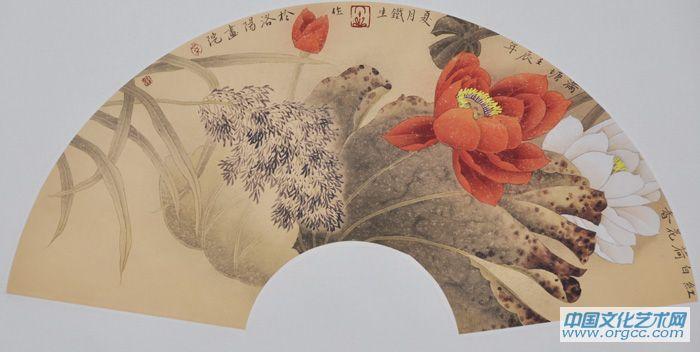 画家索铁生扇面花鸟作品《红白荷花香》