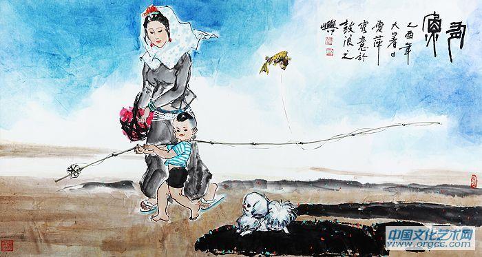 陈爱萍国画作品《母子有鱼》