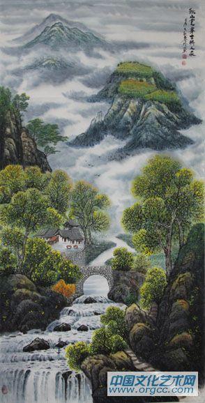 画家闫秀伶山水作品《秋山云雾古桥人家》