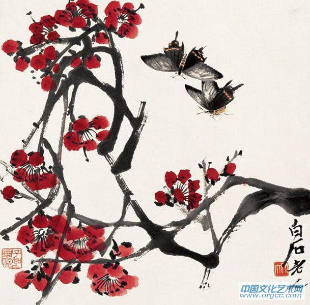 花卉草虫之红梅双蝶图1954年作
