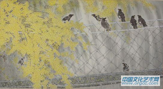 画家郭伊滨花鸟作品《飞瀑流金》