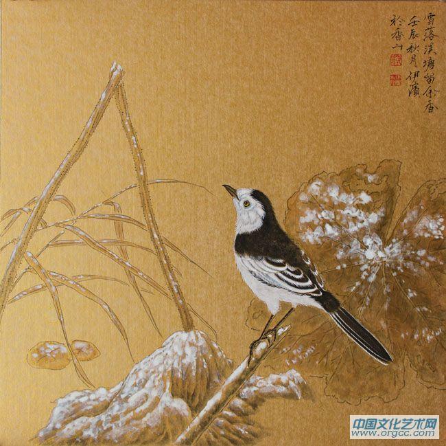 画家郭伊滨花鸟作品《雪落溪塘留余香》