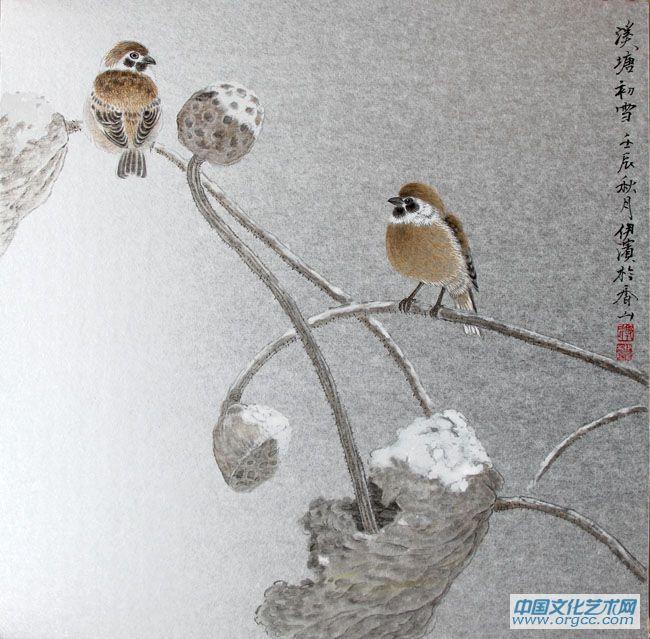 画家郭伊滨花鸟作品《溪塘初雪》