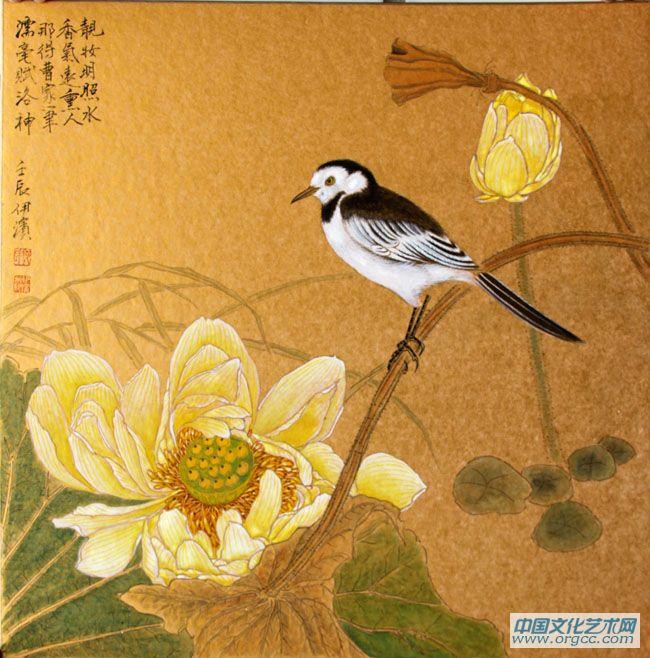 画家郭伊滨花鸟作品《靓妆明照水》