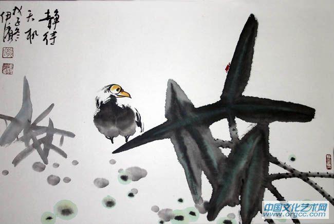 画家郭伊滨花鸟作品《静待天机》