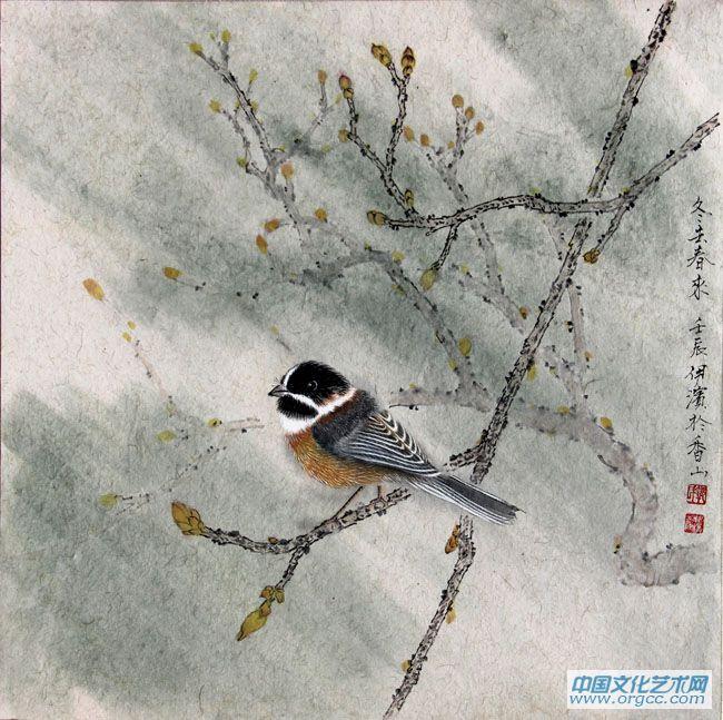 画家郭伊滨花鸟作品《冬去春来》
