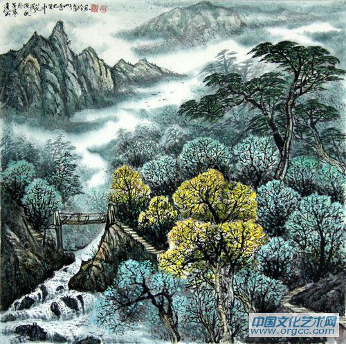 画家闫秀伶山水作品《远山芳草外，流水落花中》