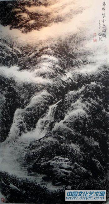 画家李颠焦墨山水作品