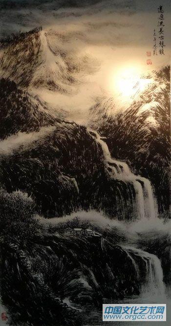 画家李颠焦墨山水作品《源远流长古琴韵》