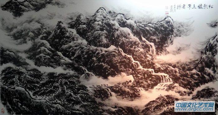 画家李颠焦墨山水作品《松影桥上带雲归》