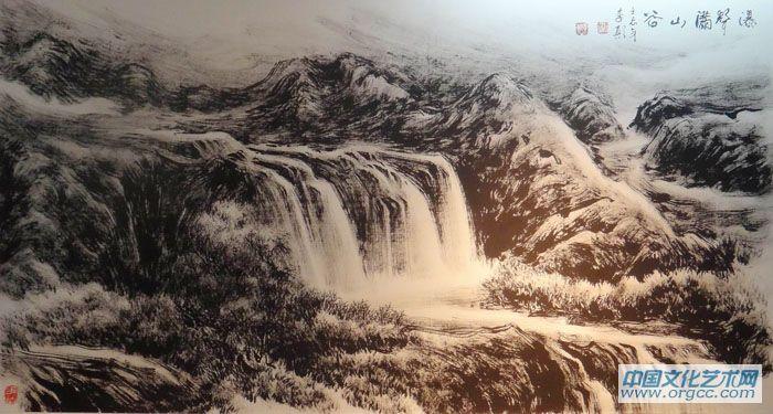 画家李颠焦墨山水作品《瀑声满山谷》