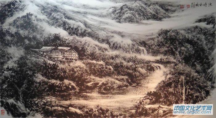 画家李颠焦墨山水作品
