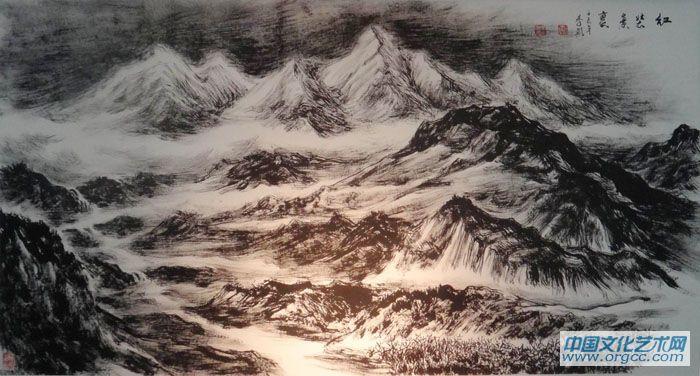 画家李颠焦墨山水作品《红装素裹》