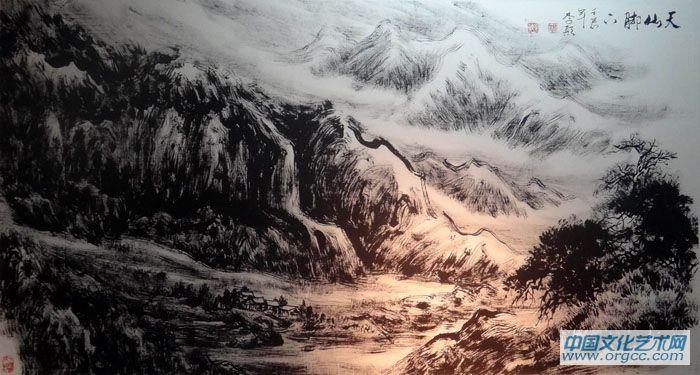 画家李颠焦墨山水作品《天山脚下》
