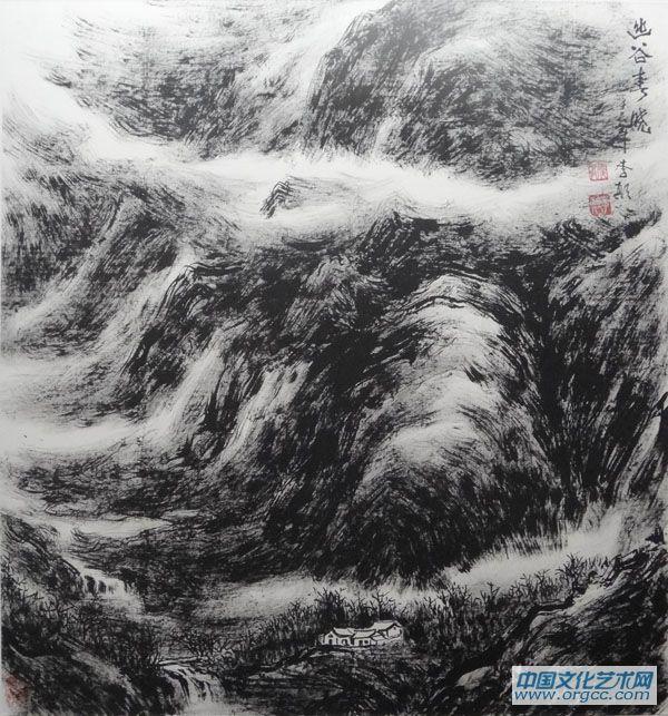 画家李颠焦墨山水作品《幽谷春晓》