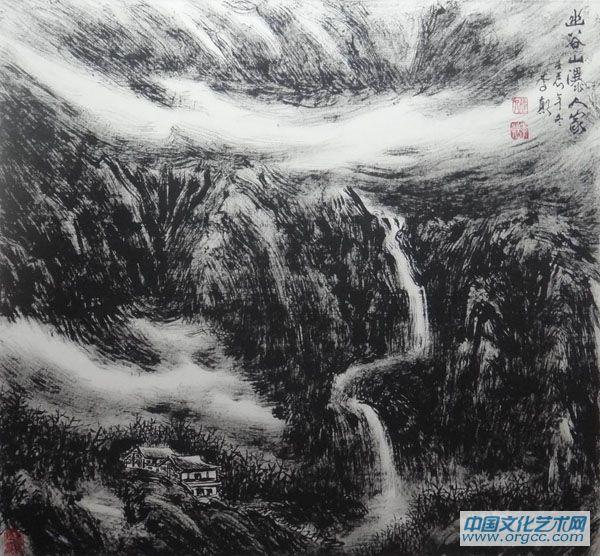 画家李颠焦墨山水作品《幽谷山瀑人家》