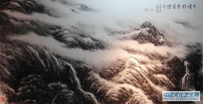 画家李颠焦墨山水作品《千嶂锦绣雲幔中》