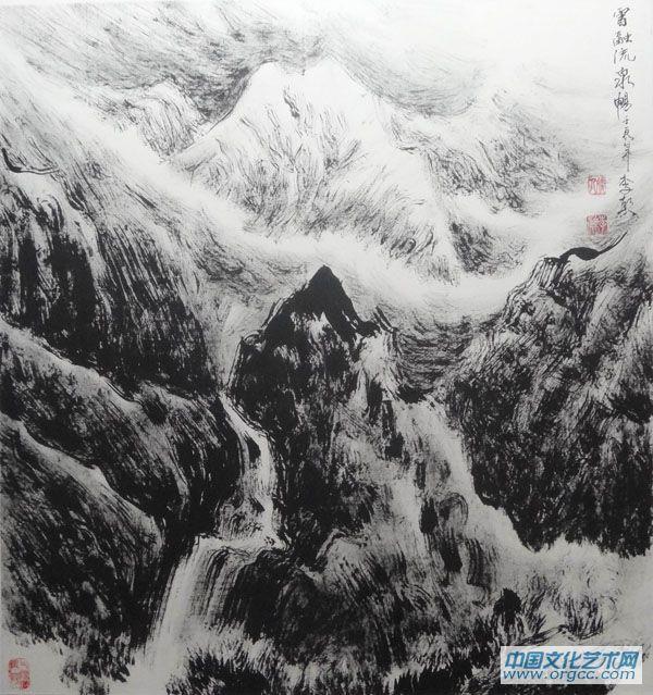 画家李颠焦墨山水作品《雪融流泉畅》