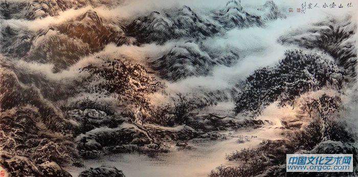 画家李颠焦墨山水作品《依山傍水人家》