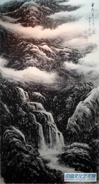 画家李颠焦墨山水作品