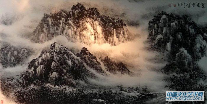 画家李颠焦墨山水作品《重山叠嶂》