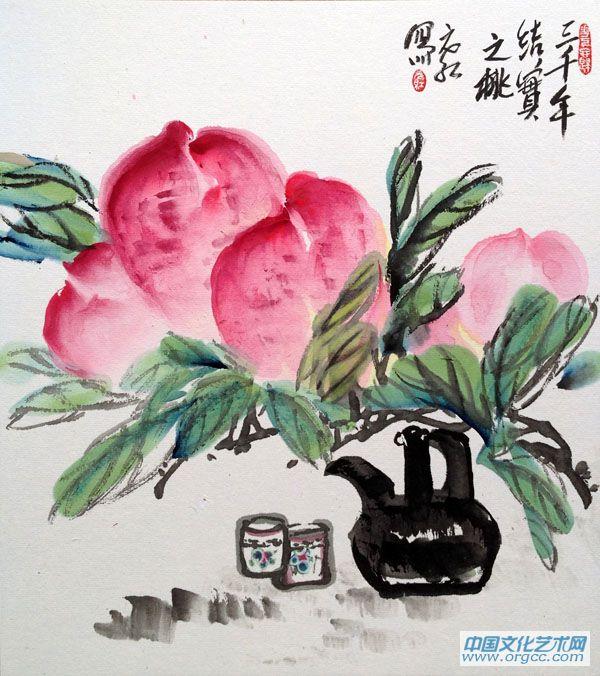 画家刘元红花鸟作品《三千年结实之桃》