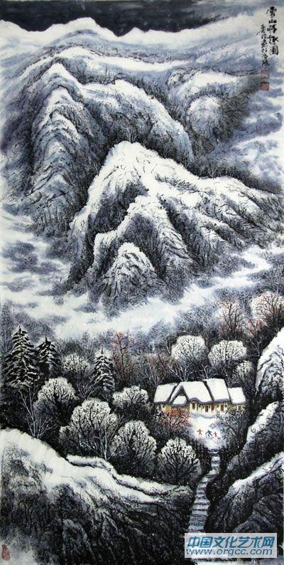 画家闫秀伶山水作品《雪山情趣图》