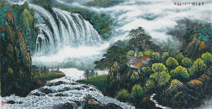 画家闫秀伶山水作品《金瀑共情》