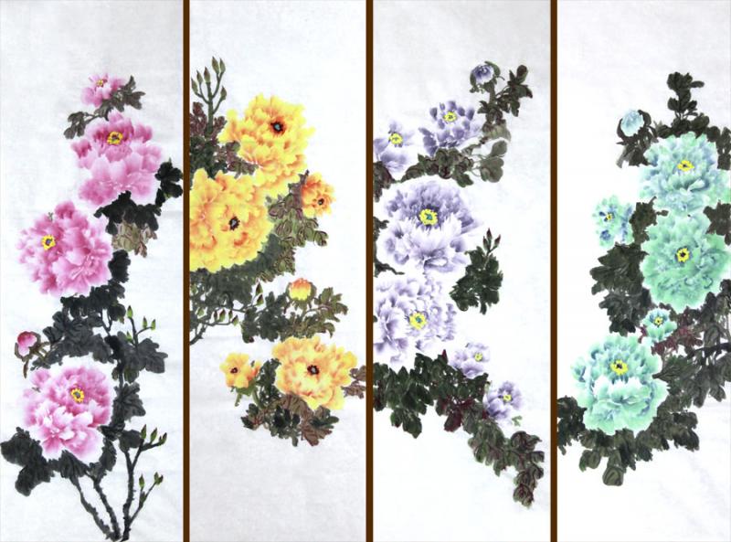 国画家王玉凤牡丹作品四条屏