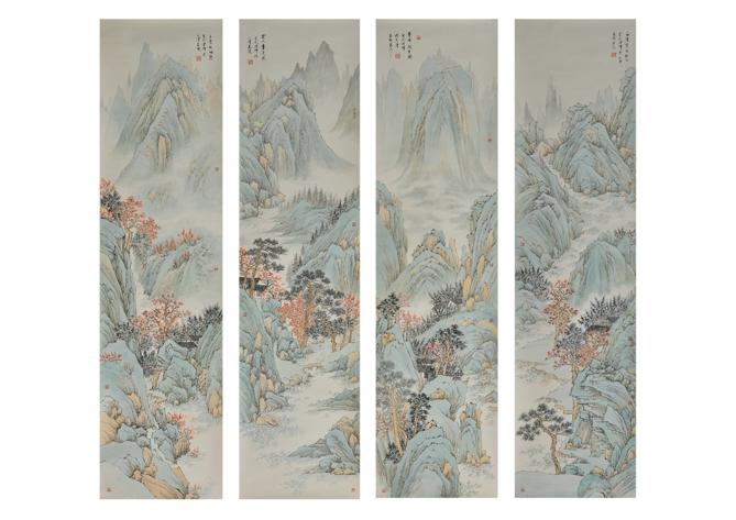云山畫(huà)意濃青綠山水四條屏