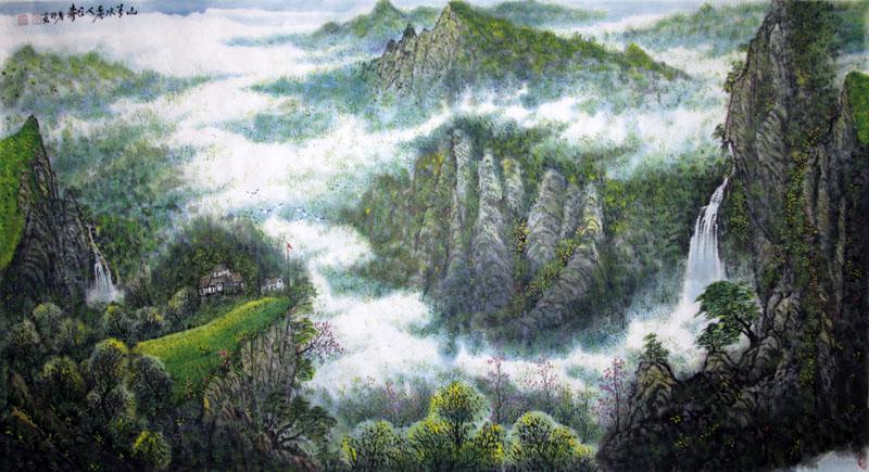 画家闫秀伶山水作品《山清水秀人长寿》