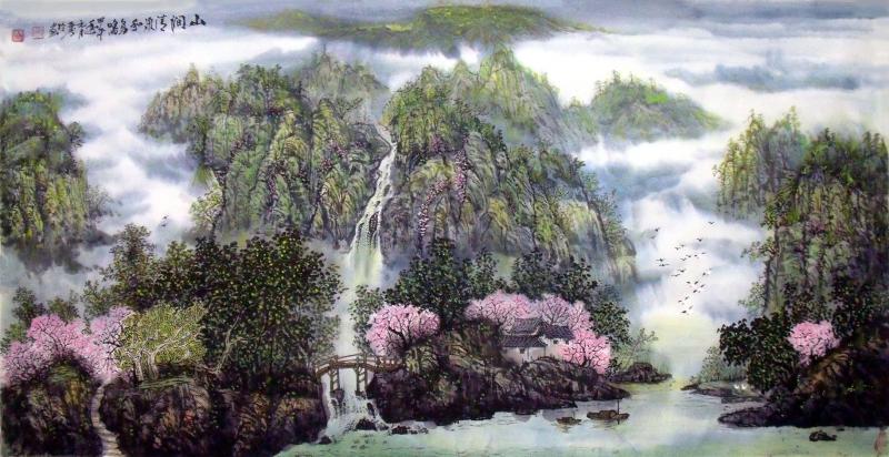 画家闫秀伶山水作品《山涧清泉和鸟鸣》136×68