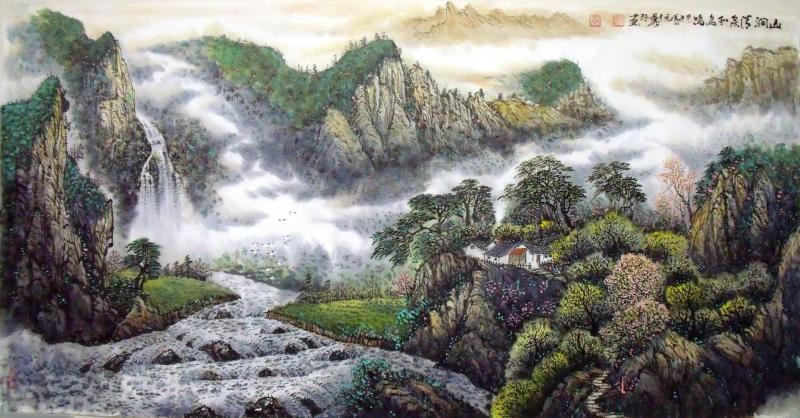 画家闫秀伶山水作品《山涧清泉和鸟鸣》136×68