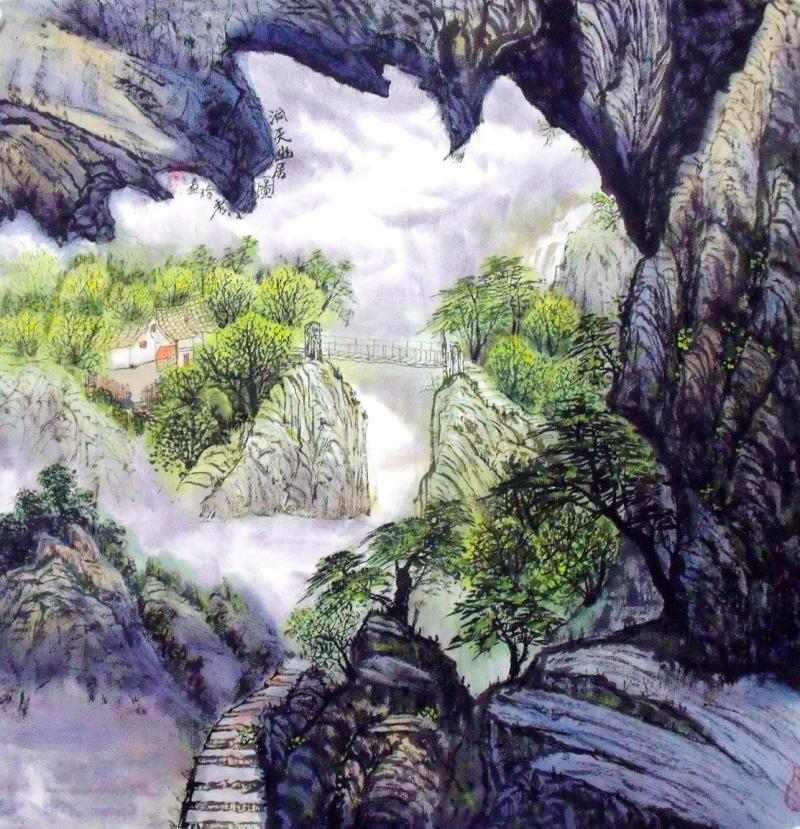 画家闫秀伶山水作品《洞天幽居》68×68